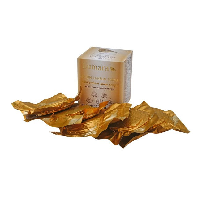 Lumara wholewheat ghee crisps onion lahsun tadka 150g, UK version