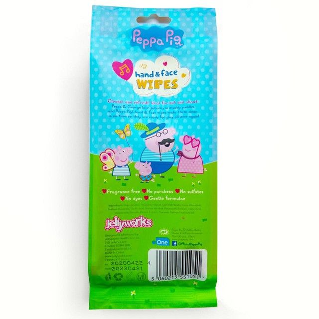 Jellyworks Peppa Pig fragrance free hand wipes, imported from the UK