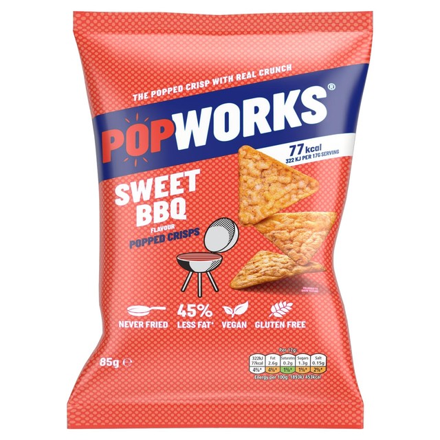 Popworks Sweet BBQ popped crisps 85g, imported from the UK
