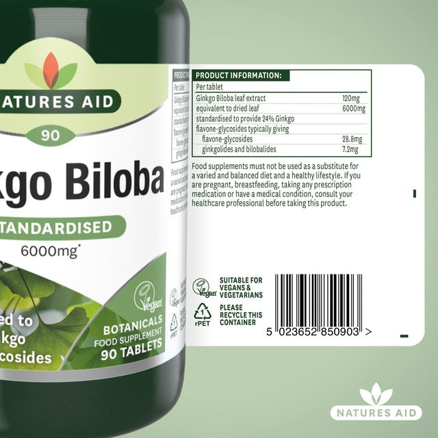 Natures Aid Ginkgo Biloba supplement tablets 90 tablets, imported from the UK