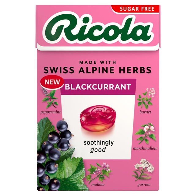 Ricola Blackcurrant sugar free sweets in a box, UK version