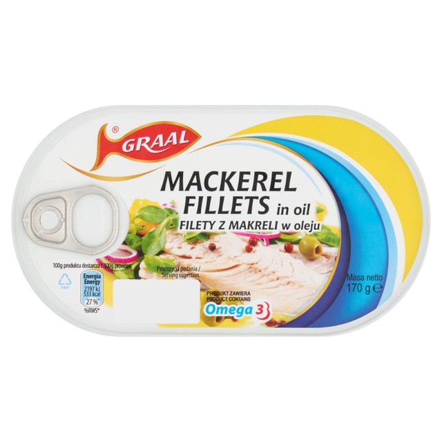 Graal mackerel fillets in oil 170g can, UK version