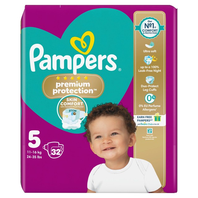 Pampers Premium Protection nappies Essential Pack Size 5 (11-16kg), imported from the UK