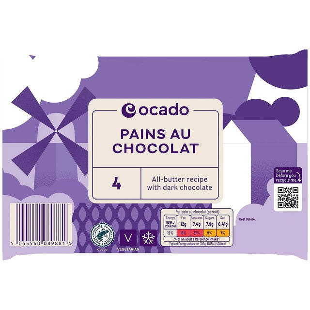 Ocado pain au chocolat pastry pack of 4, imported from the UK
