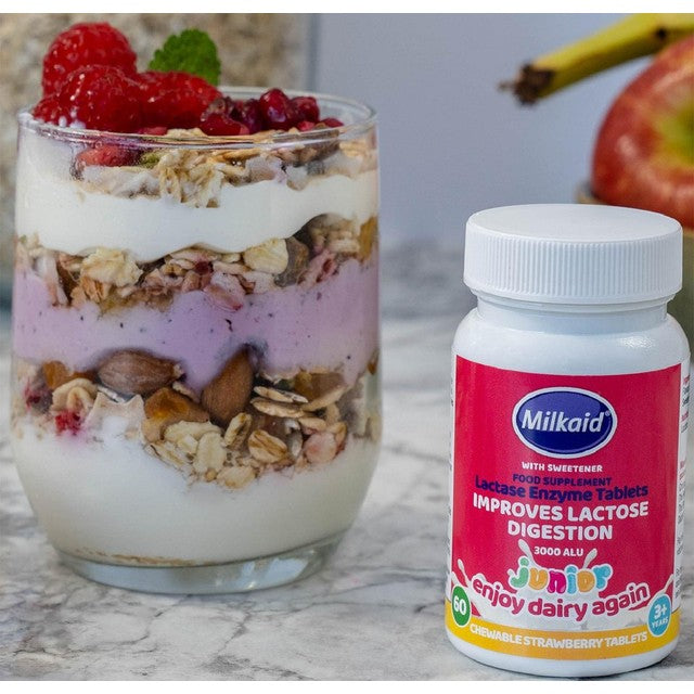 Milkaid Junior Lactase Digestion Tablets Strawberry Flavour 60 Tablets, imported from the UK