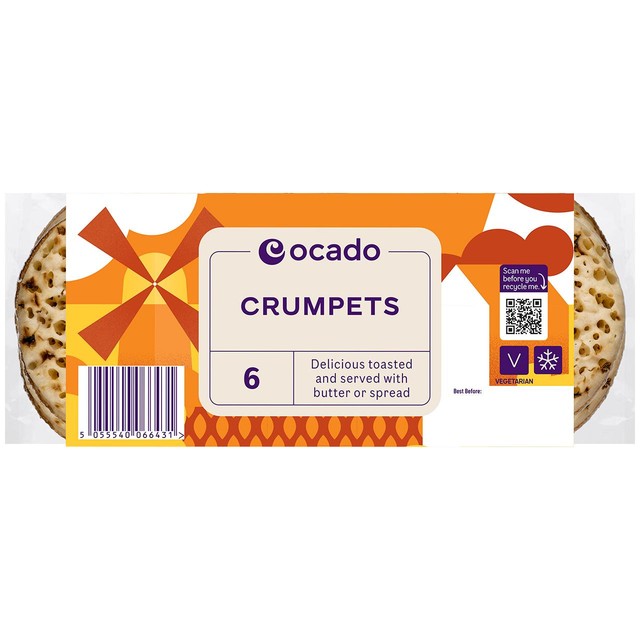 Ocado crumpets 6 per pack, imported from the UK