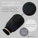 Hydrea London black exfoliating spa mitt with medium/hard texture, UK version