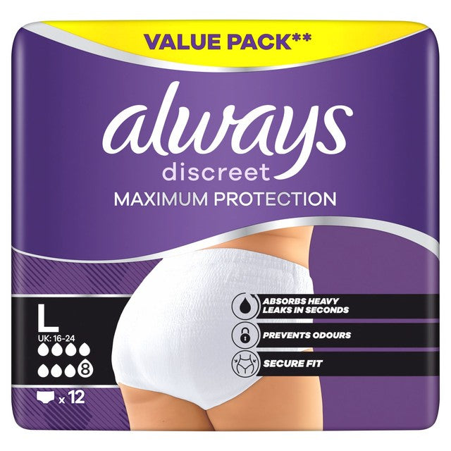 Always Discreet Maximum Protection incontinence pants 12 count - British product
