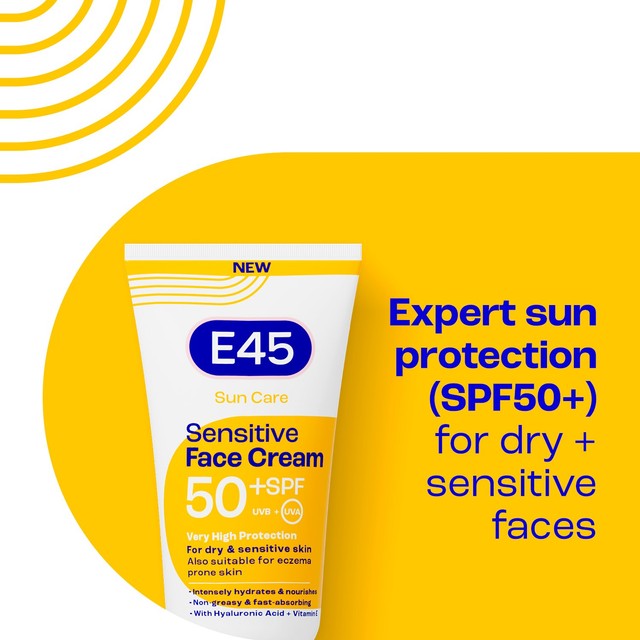 E45 face suncream SPF50+ tube sunscreen for sensitive skin (British brand)