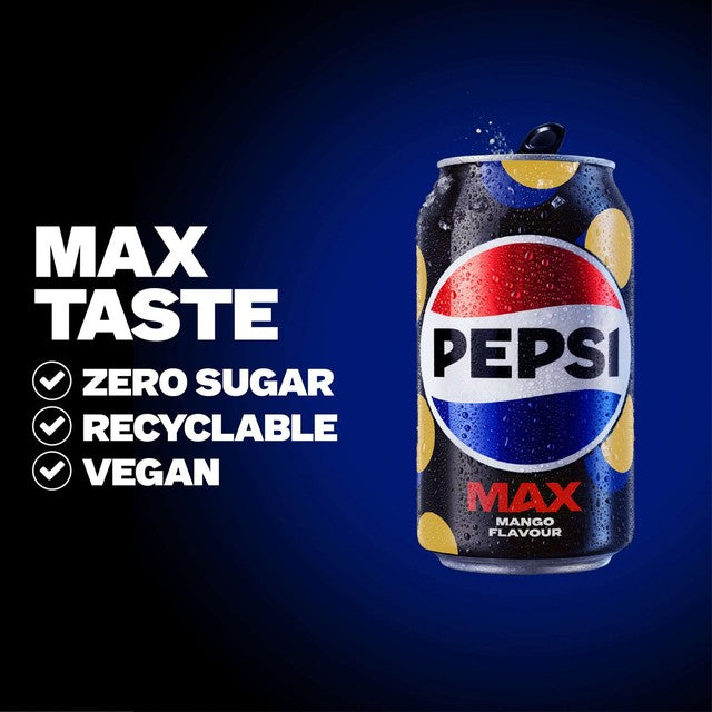 Pepsi Max Mango cola drink 8x330ml cans, imported from the UK