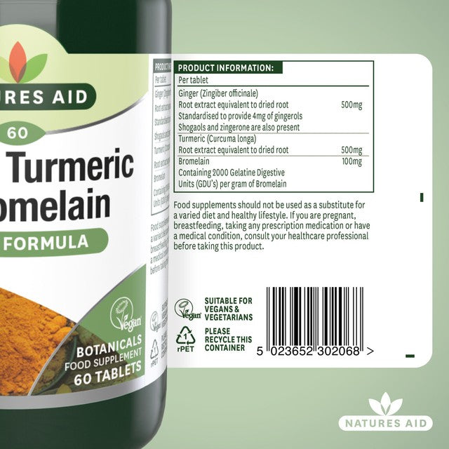 Natures Aid Ginger Turmeric Bromelain tablets 60 pack, imported from the UK
