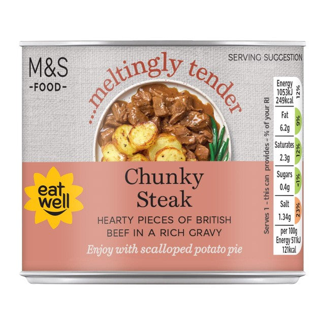 M&S chunky steak pieces in gravy 206g, imported from the UK