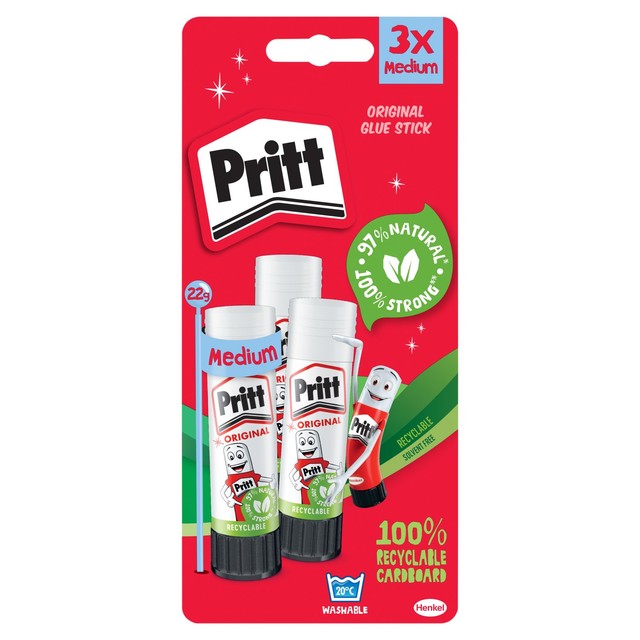 Pritt glue stick blistercard 3 x 22g, imported from the UK