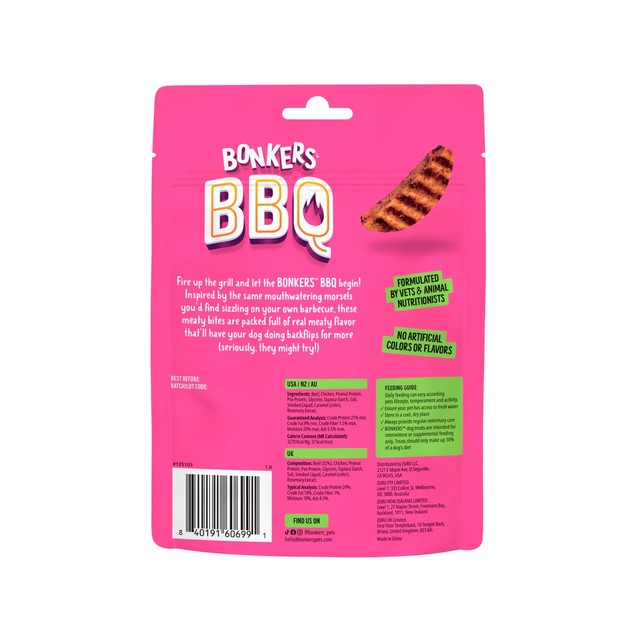 Bonkers BBQ soft chewy beef dog treats 85g, UK version