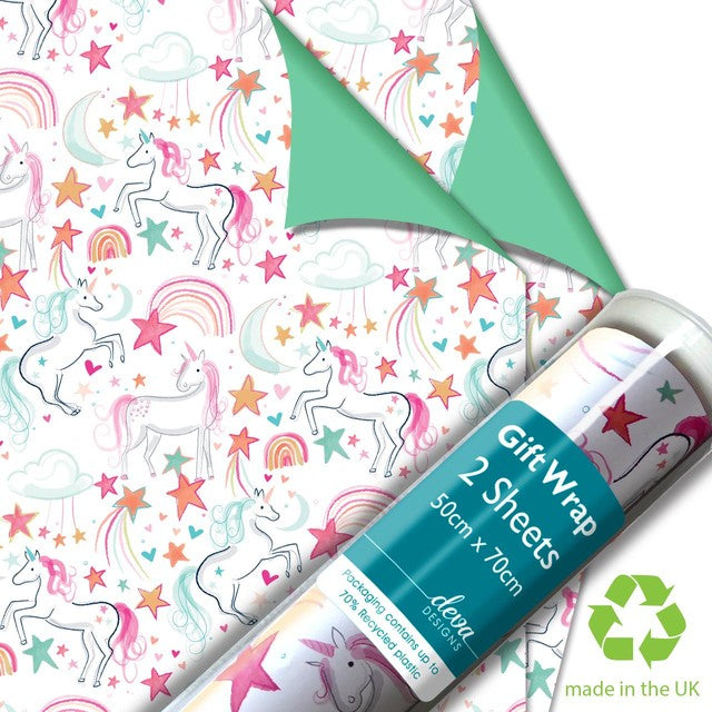 Deva Designs unicorn gift wrap sheets 2 sheets (British brand)
