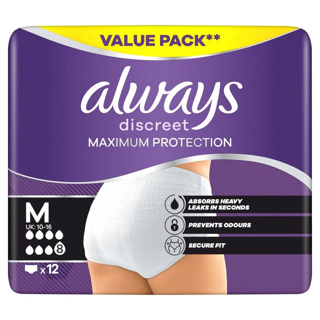 Always Maximum Protection incontinence pants medium 12 count, UK version