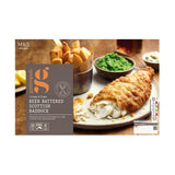 M&S Gastropub battered fish and peas ready meal 640g, imported from the UK