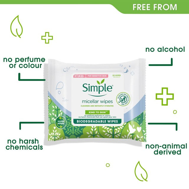 Simple Micellar Biodegradable Cleansing Wipes 40 Wipes (British brand)