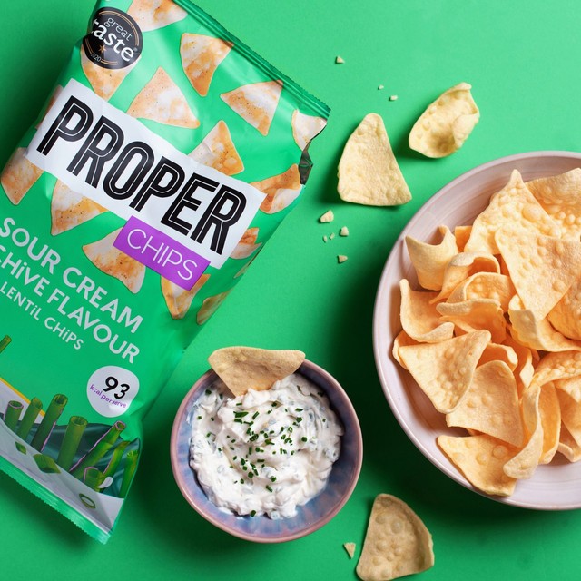 Properchips Sour Cream & Chive Lentil Chips 85g, imported from the UK