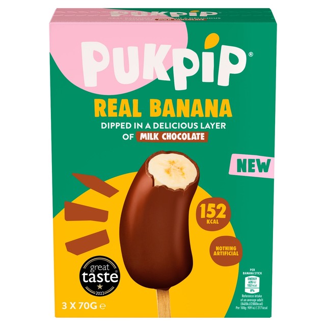PUKPIP frozen chocolate-covered banana snack 3 x 70g, imported from the UK