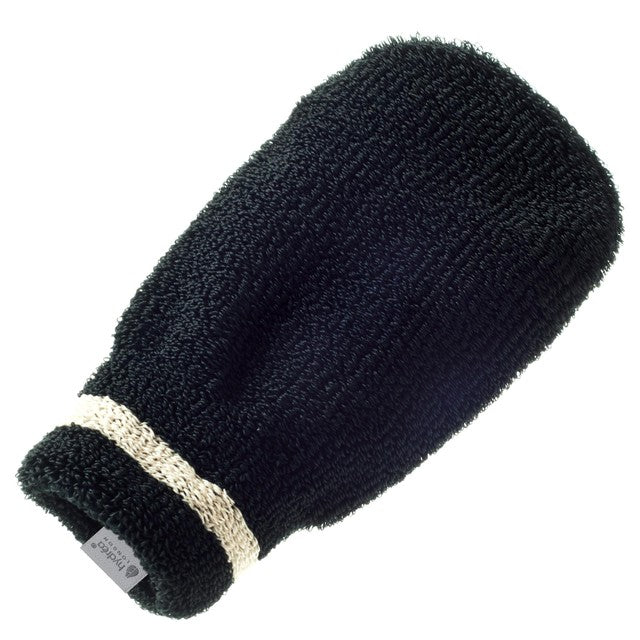 Hydrea London black exfoliating spa mitt with medium/hard texture, UK version