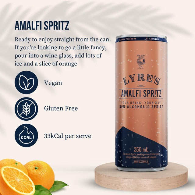 Lyre's Alcohol Free Amalfi Spritz non-alcoholic sparkling drink 4 x 250ml, UK version