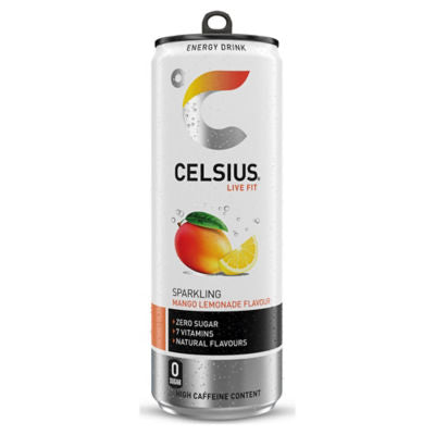 Celsius energy drink Sparkling Mango Lemonade 355ml, imported from the UK