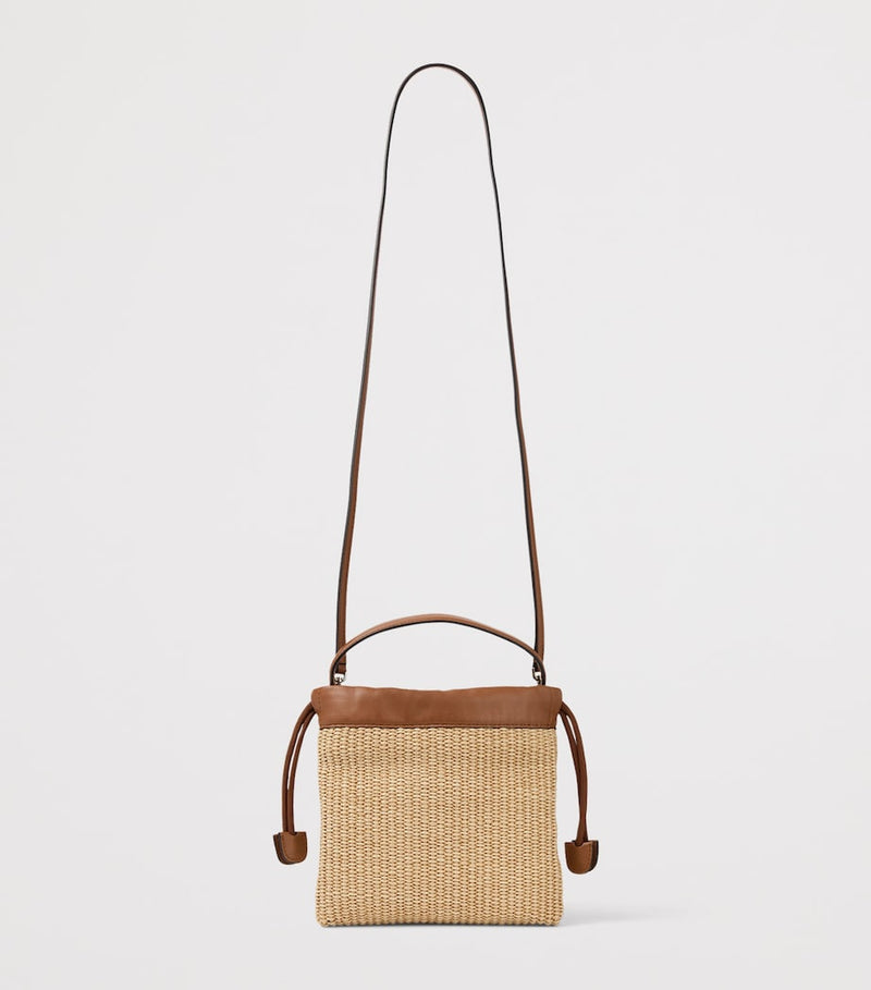 Jimmy Choo raffia drawstring pouch with leather trim, UK version