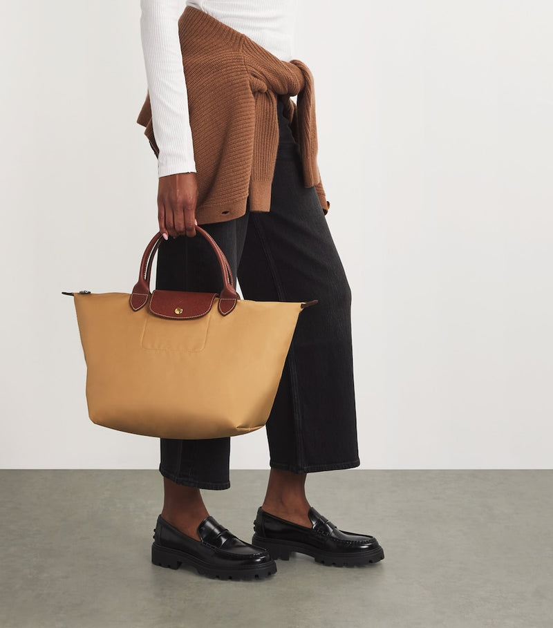 Longchamp Le Pliage medium handbag with leather trims, UK version