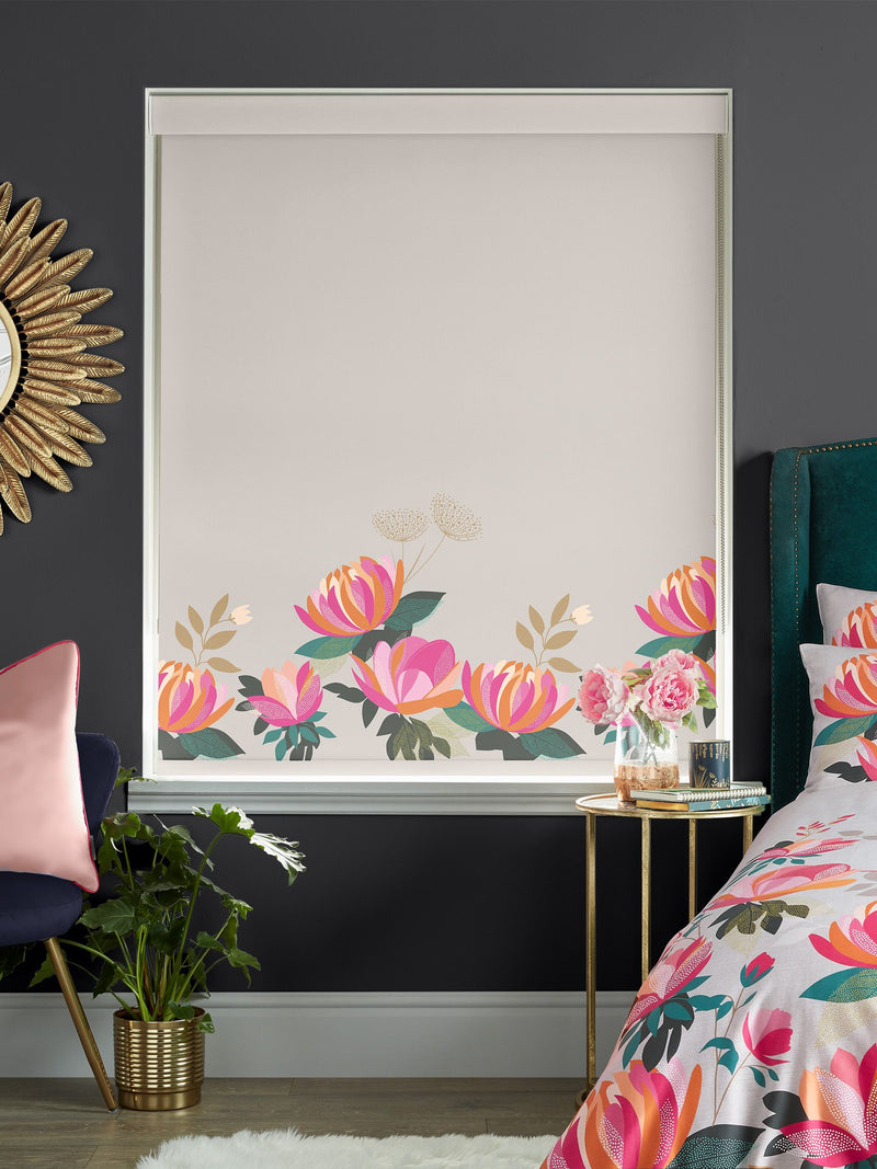 Sara Miller pale grey peony border roller blind, UK version