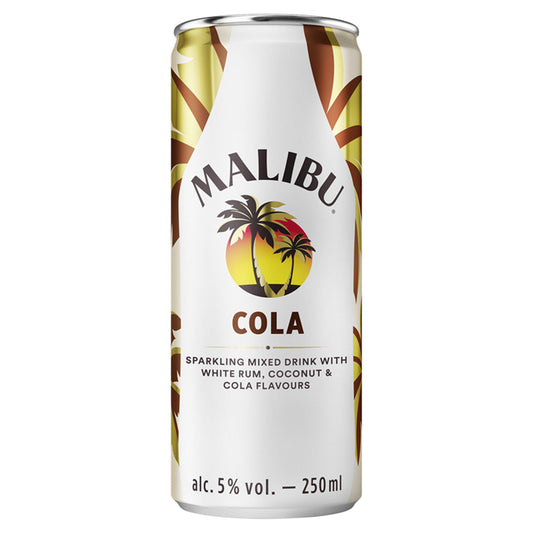 Malibu Coconut Rum & Cola Pre-Mixed Can 250ml Absolut Beefeater Malfy & Malibu Sainsburys   