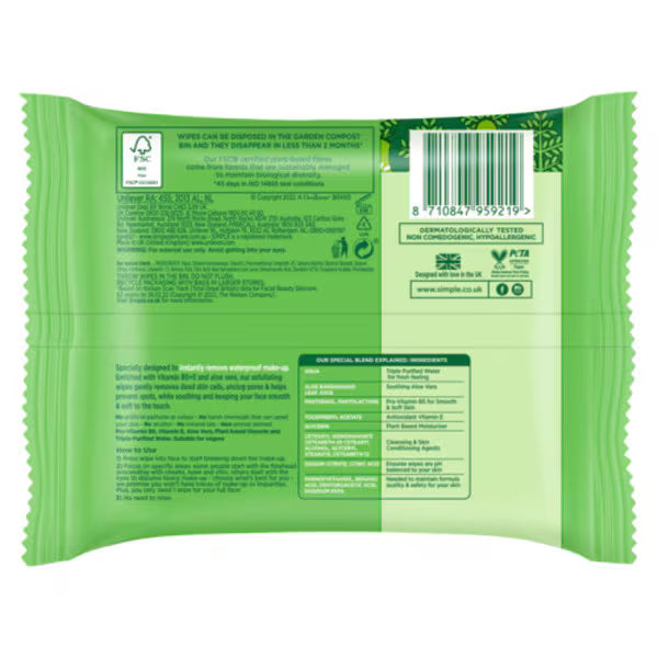 Simple biodegradable exfoliating face wipes 20 count (British brand)