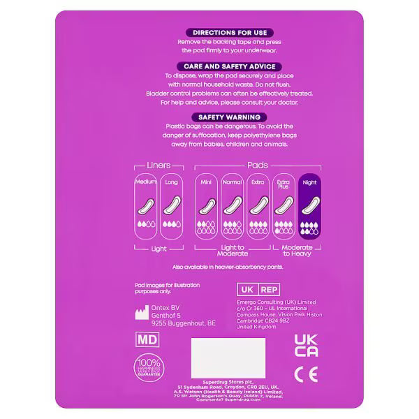 Superdrug Night Incontinence Pads x8 (British brand)