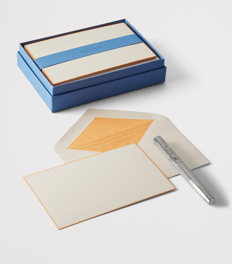 Smythson blank correspondence cards with light orange borders, box of 10, H16.5cm x W11cm (British brand)