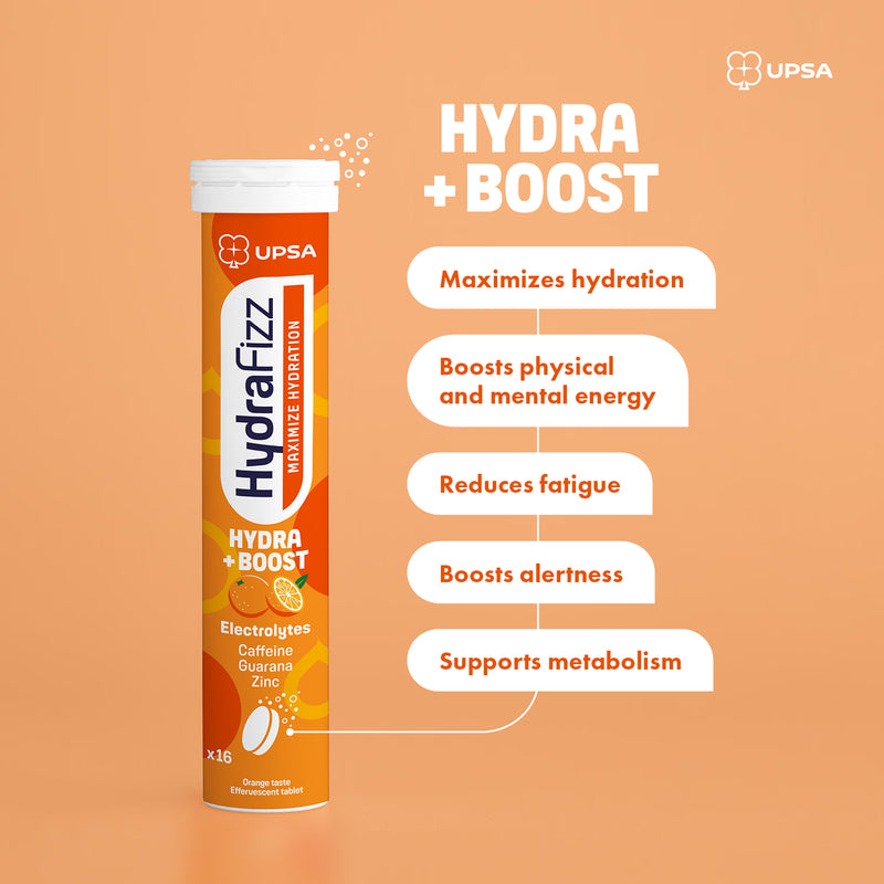 Hydrafizz Hydra + Boost effervescent supplement orange flavour, imported from the UK