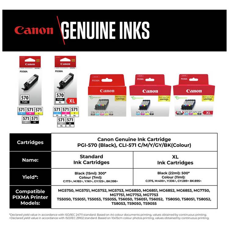 Canon CLI-571 ink cartridges multipack black and colour, UK version