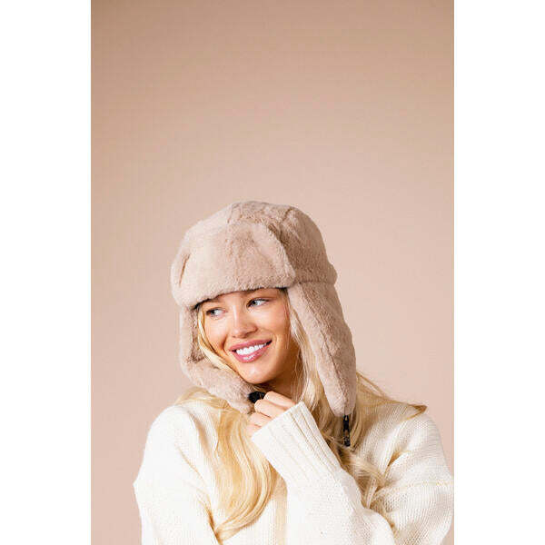 SVNX plush trapper hat in beige, imported from the UK