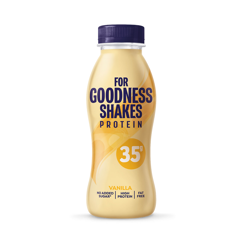 For Goodness Shakes vanilla protein shake 330ml, imported from the UK