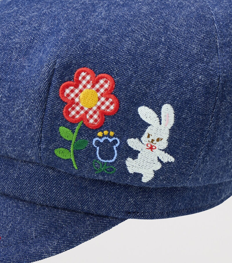 Miki House denim embroidered cap with rabbit and floral motifs, imported from the UK