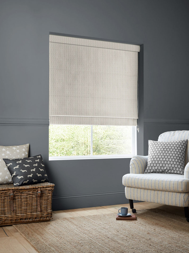 Emily Bond Smokey Grey Oscar Stripe roman blinds, UK version