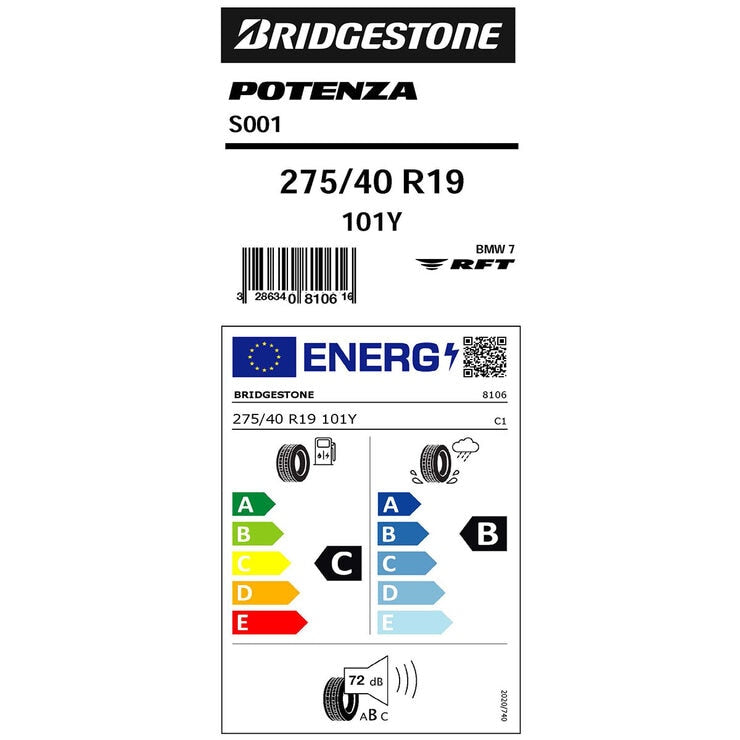 Bridgestone S001 run-flat tyre 275/40 R19, imported from the UK