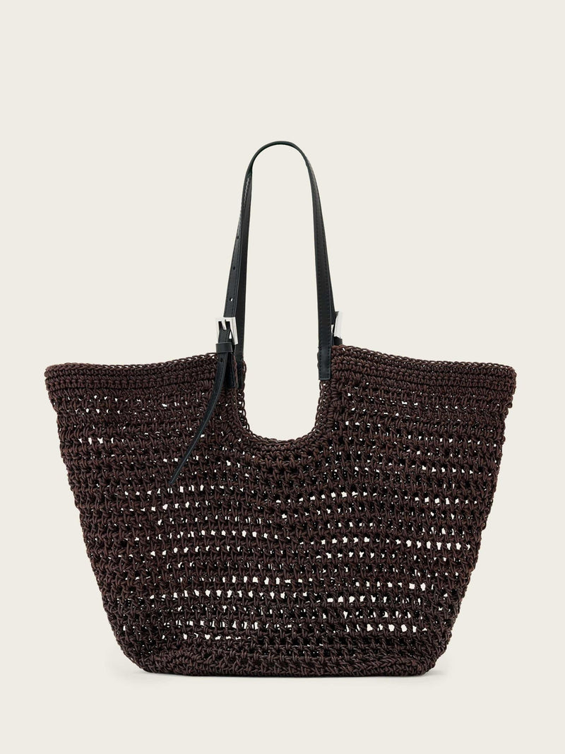 AllSaints Dark Brown Ara cotton knit tote bag, imported from the UK