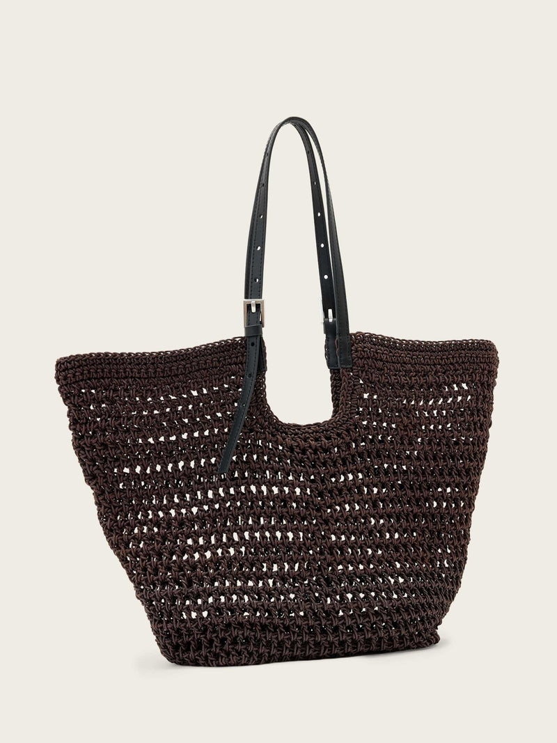 AllSaints Dark Brown Ara cotton knit tote bag, imported from the UK