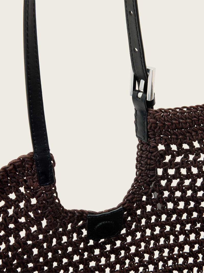 AllSaints Dark Brown Ara cotton knit tote bag, imported from the UK