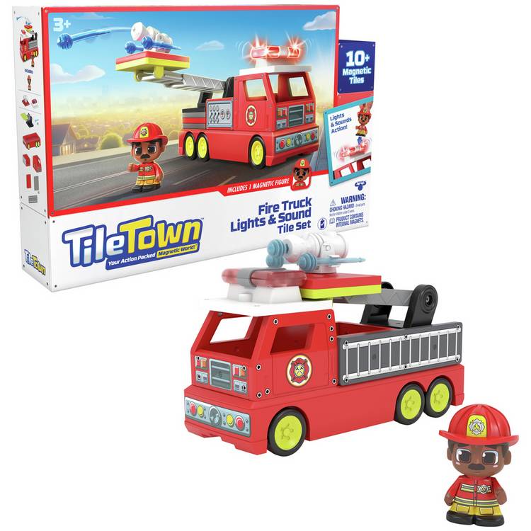 Tile Town Fire Truck Set with magnetic tiles and firefighter figure (British brand)