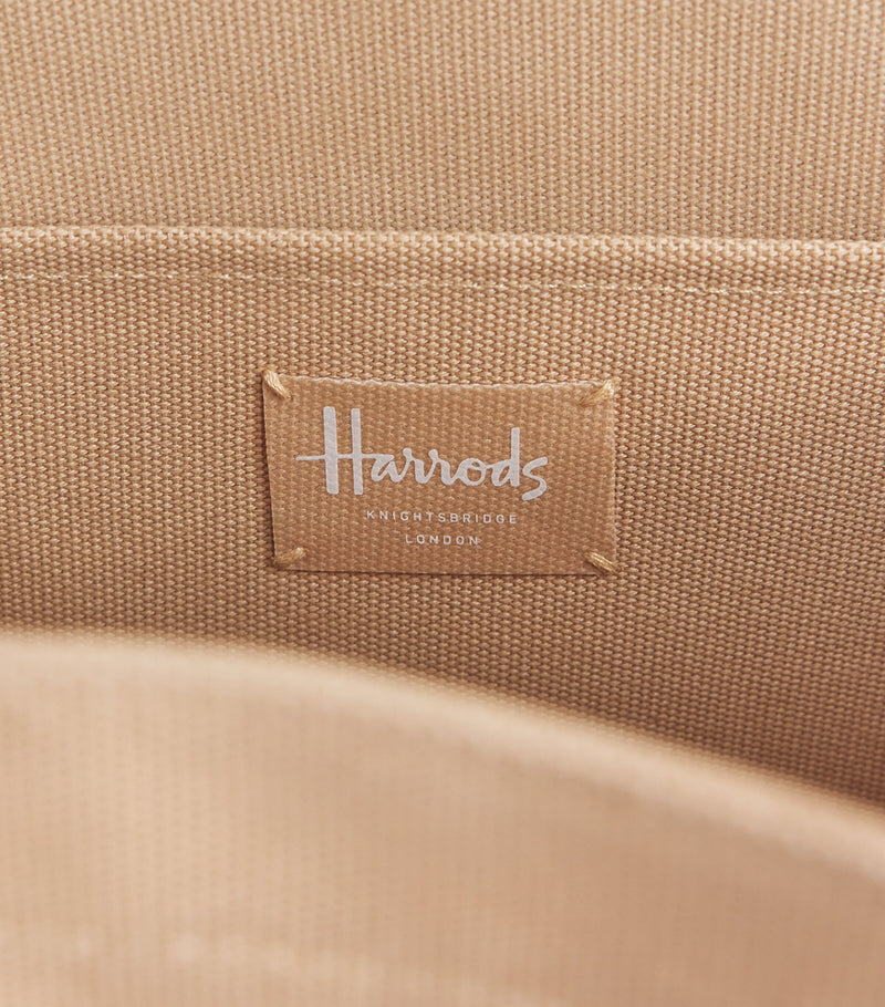 Harrods medium beige tote bag with embroidered logo, imported from the UK