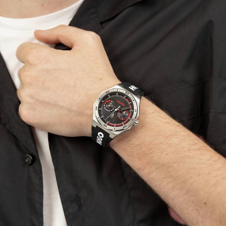 HUGO Grail sports watch with black silicone strap (British brand)