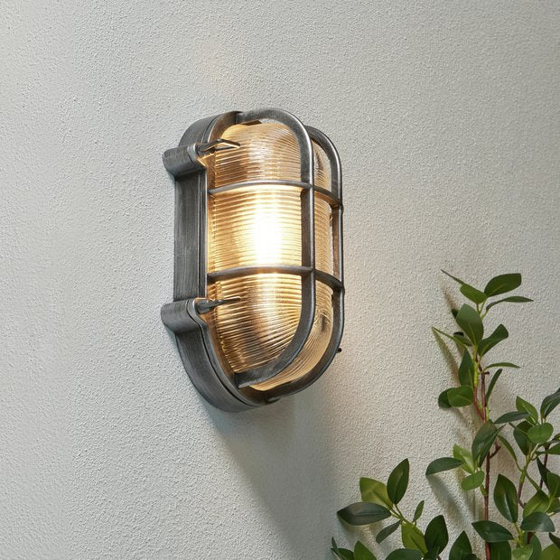 Zink CLAY IP44 silver oval caged outdoor bulkhead, imported from the UK