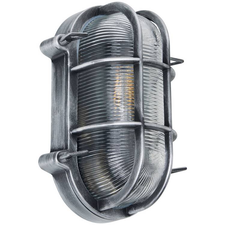 Zink CLAY IP44 silver oval caged outdoor bulkhead, imported from the UK