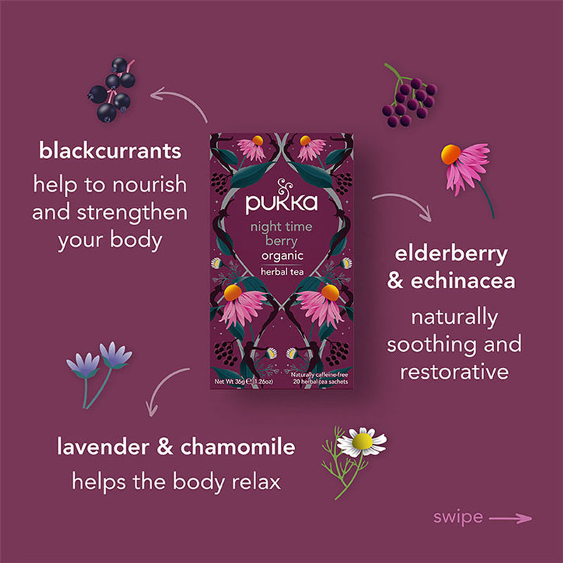 Pukka Organic Night Time Berry 20 Tea Bags, imported from the UK